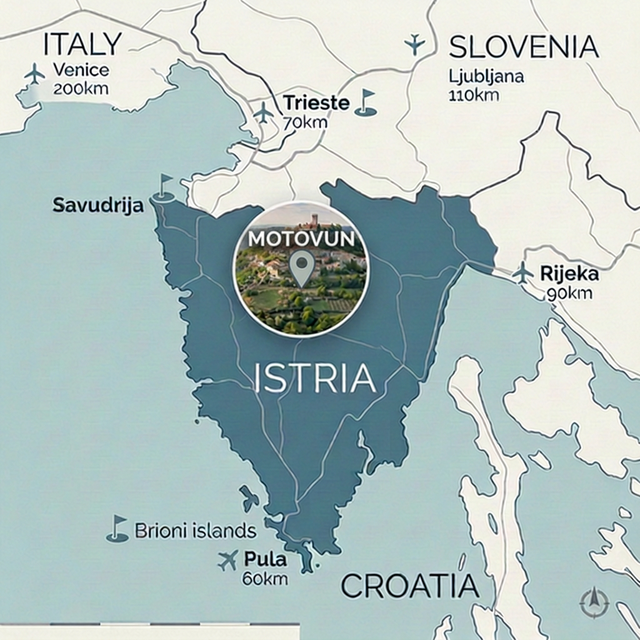 Map of Istria showing Motovun location relative to Venice, Trieste, Ljubljana, and other cities